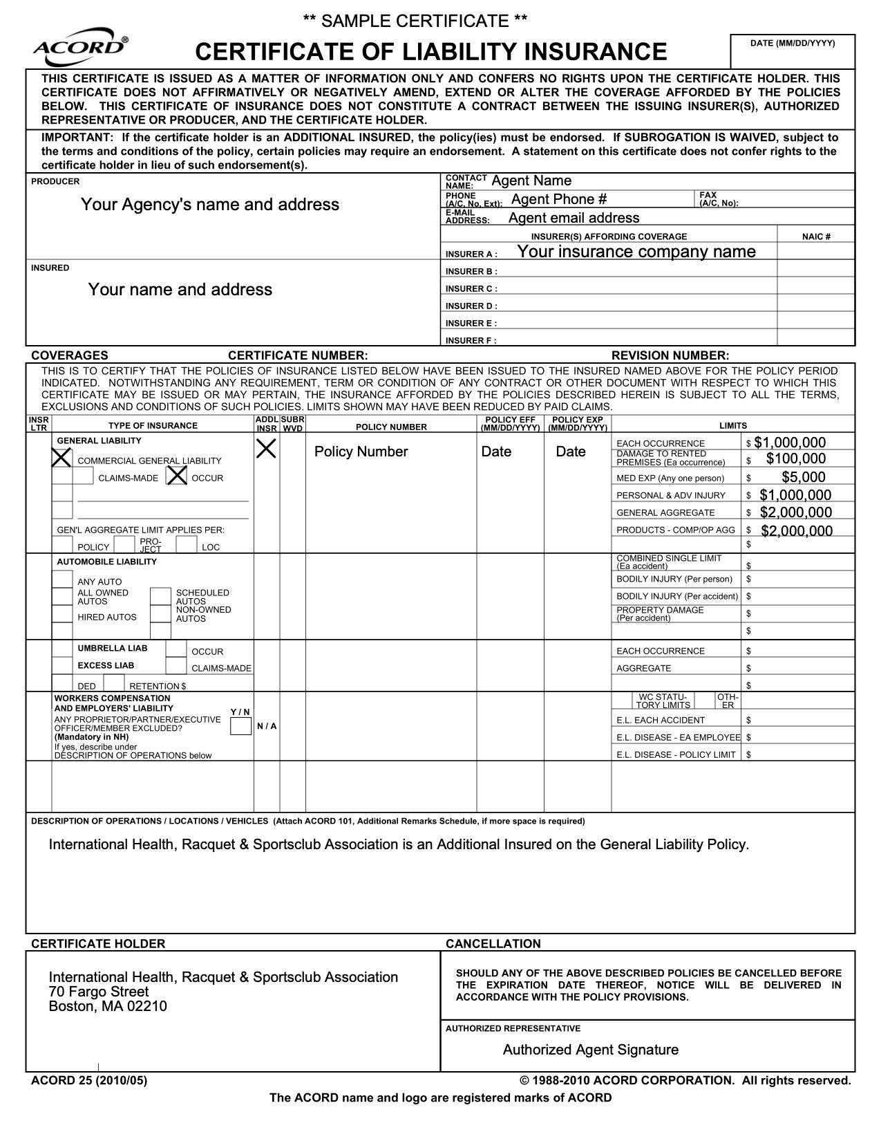 IHRSA 2024 Exhibitor Certificate of Insurance